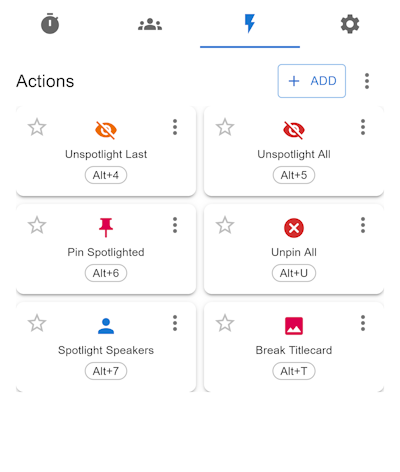 Actions tab showing the complete action button grid