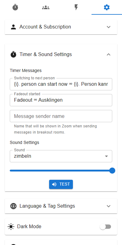 Settings tab with accordion sections for organized configuration
